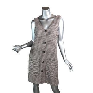 Women's Small Houndstooth Knee Length Dress V Neck Sleeveless Black Brown White